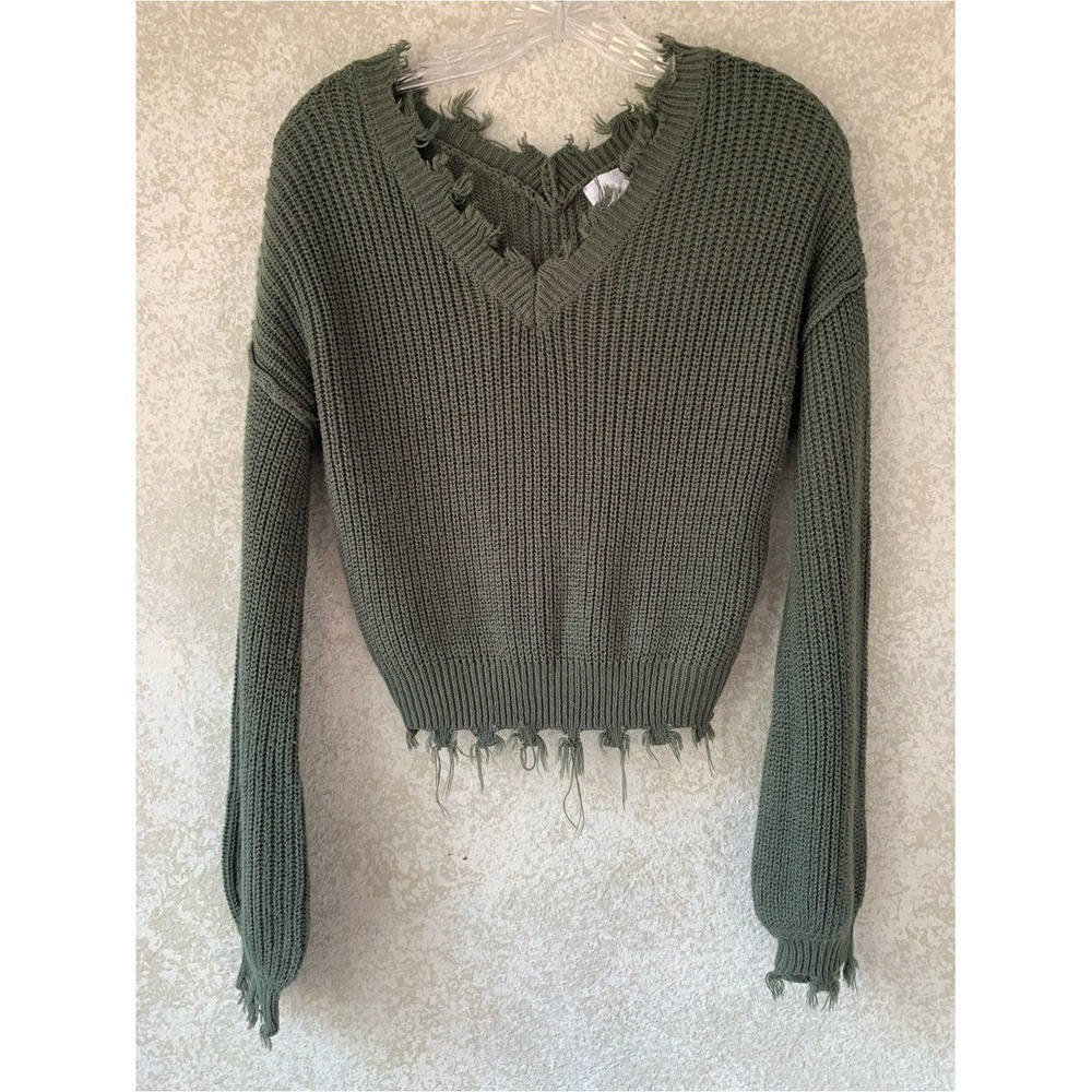 Freshman 1996 Olive Green Distressed V-Neck Shaker Knit Cropped Sweater XS